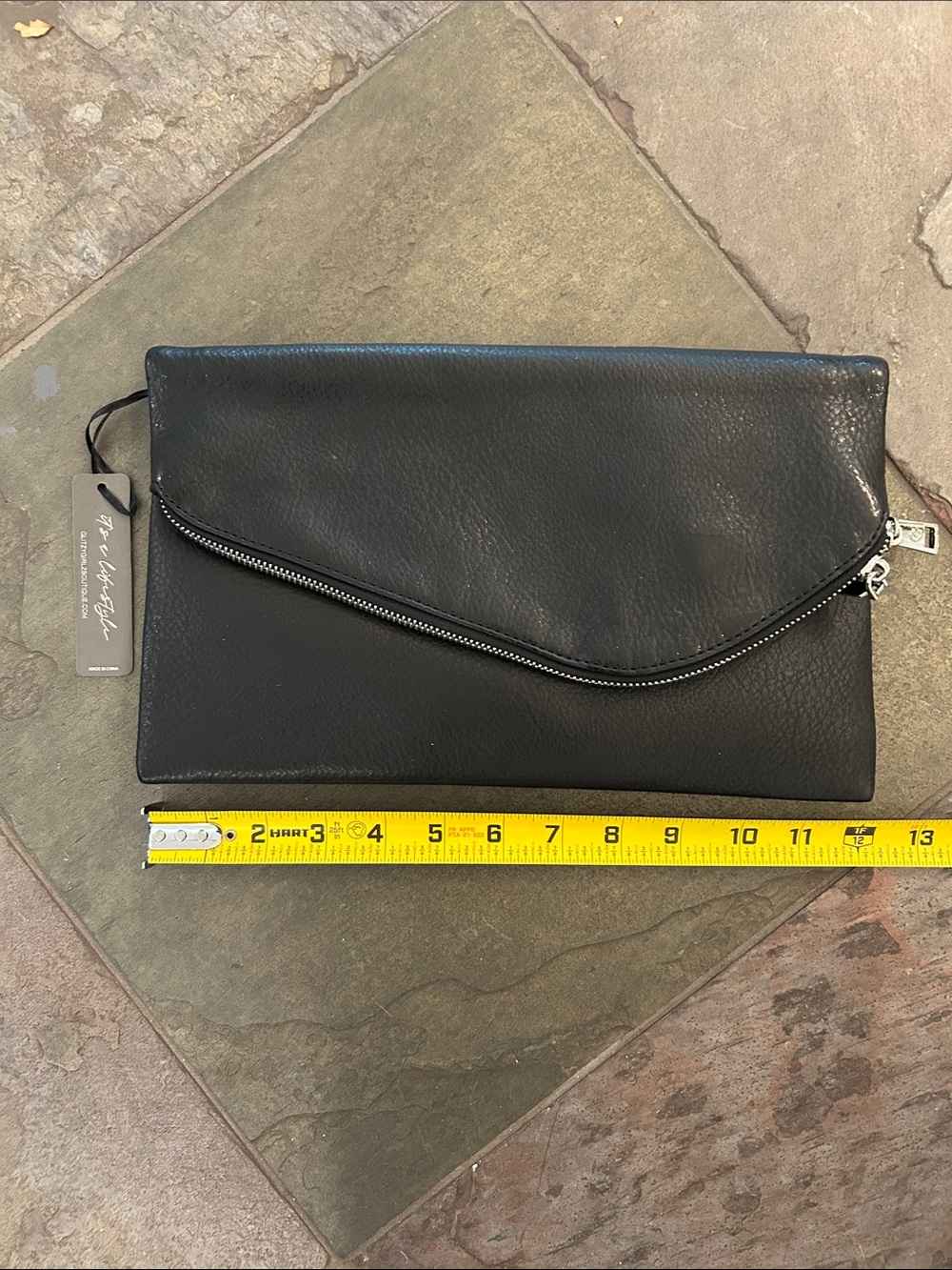 Black Fold-Over Clutch with Diagonal Zip